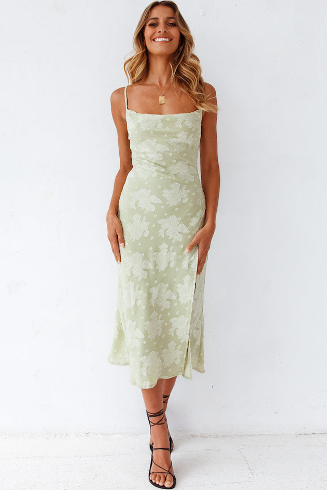 Floral Jacquard Square Neck Slip Midi Dress