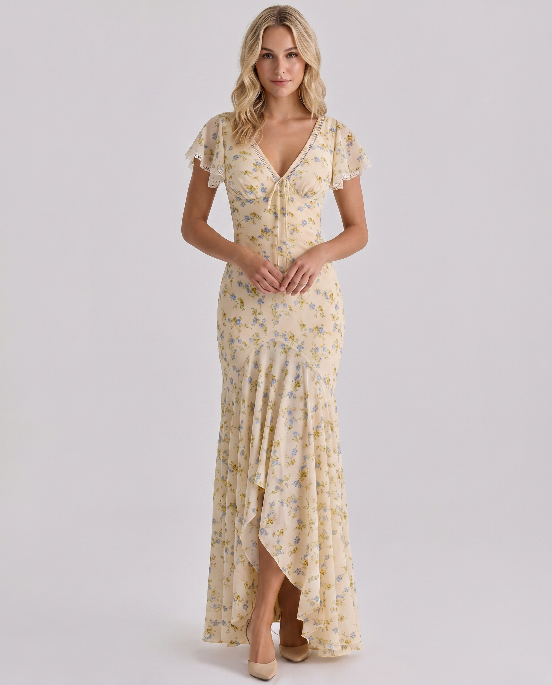 Floral Lace Trim Tie-Front Flutter Sleeve Maxi Dress