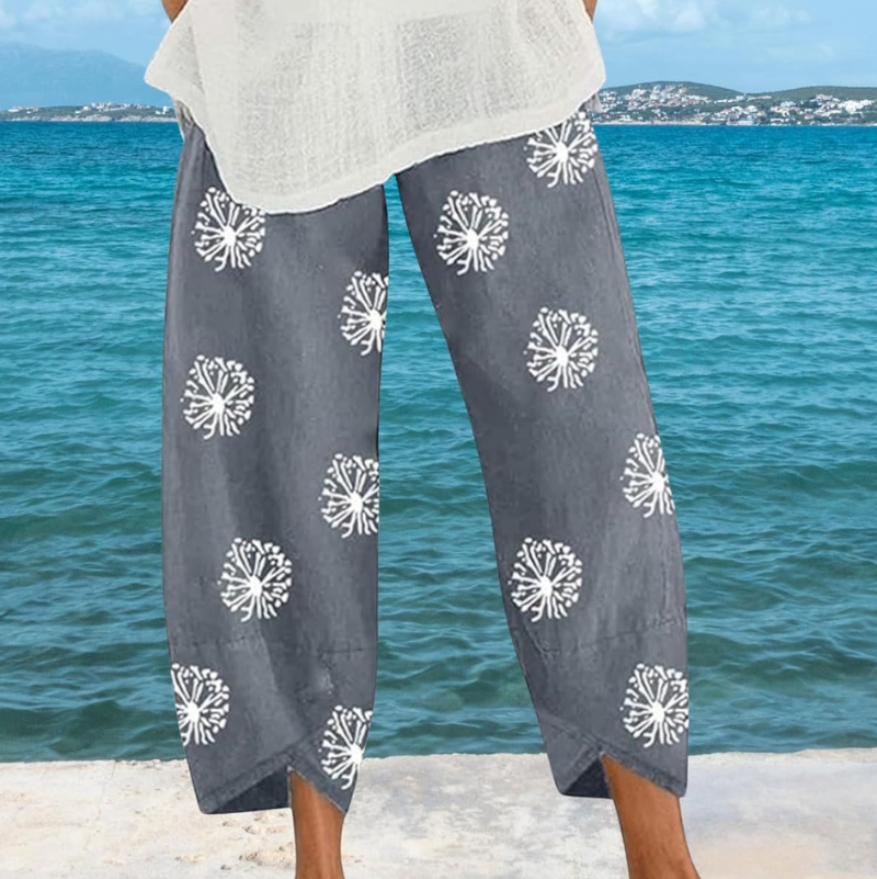 Dandelion Print Cropped Trousers with Asymmetric Hem