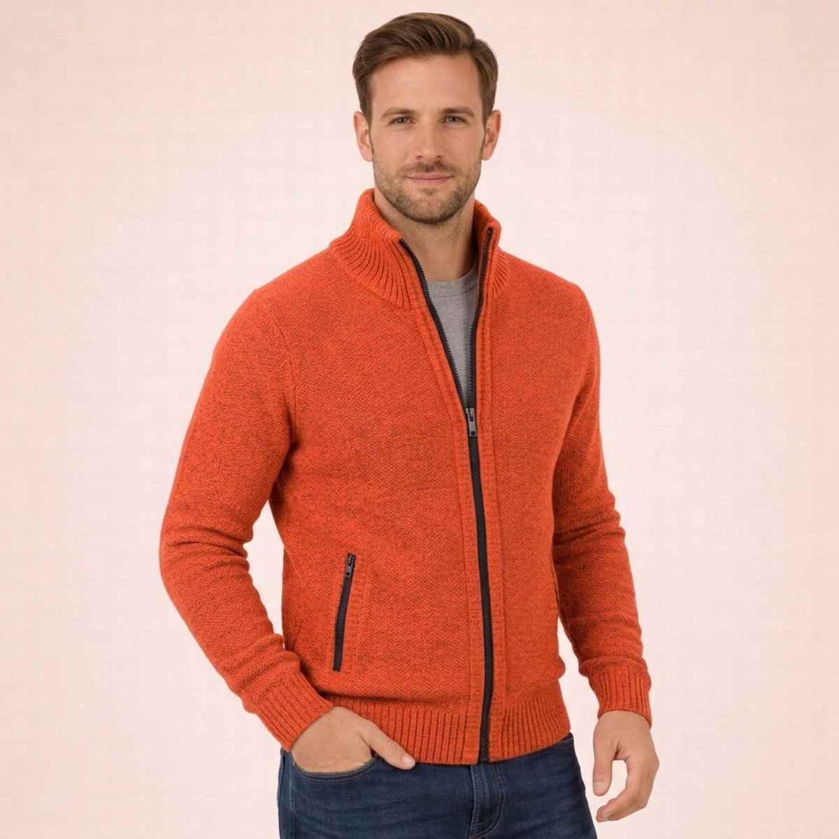 Men's Textured Knit Full-Zip Mock Neck Sweater