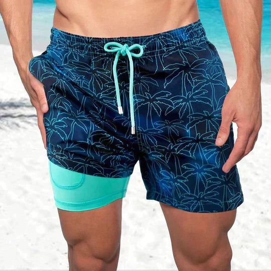 2-in-1 Palm Print Swim Shorts with Compression Liner