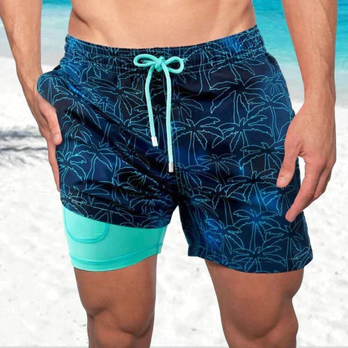 2-in-1 Palm Print Swim Shorts with Compression Liner