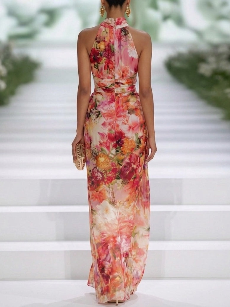 Robe longue drapée à imprimé floral et à encolure dos nu