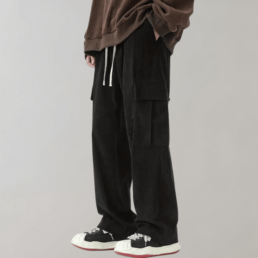 Wide Leg Corduroy Cargo Trousers with Drawstring Waist