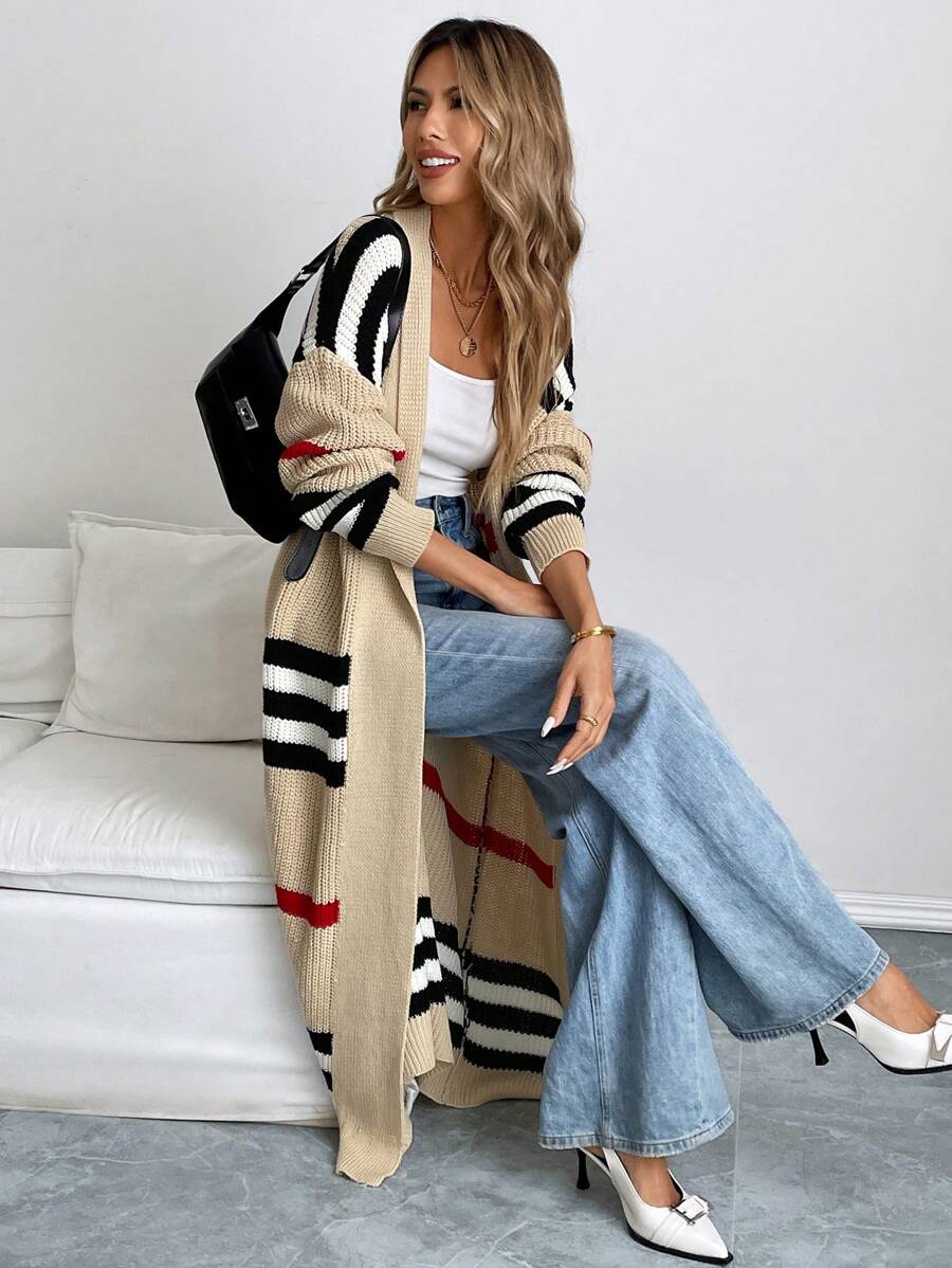 Women's Striped Colour Block Open Front Maxi Cardigan