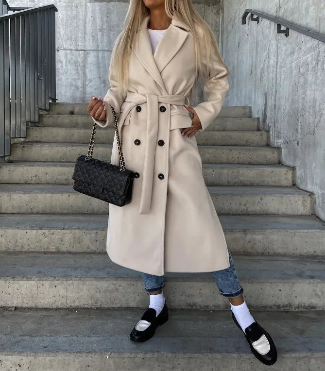 Women's Long Belted Coat with Notched Lapel