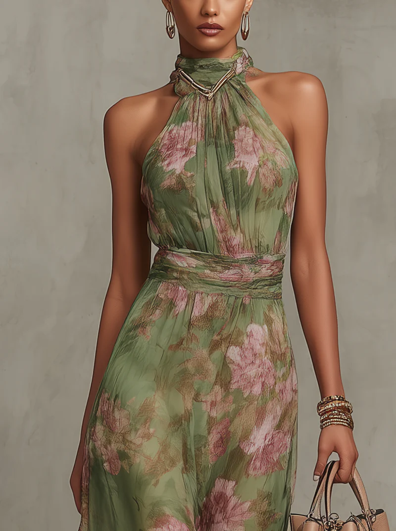 Floral Print Halter Neck Maxi Dress