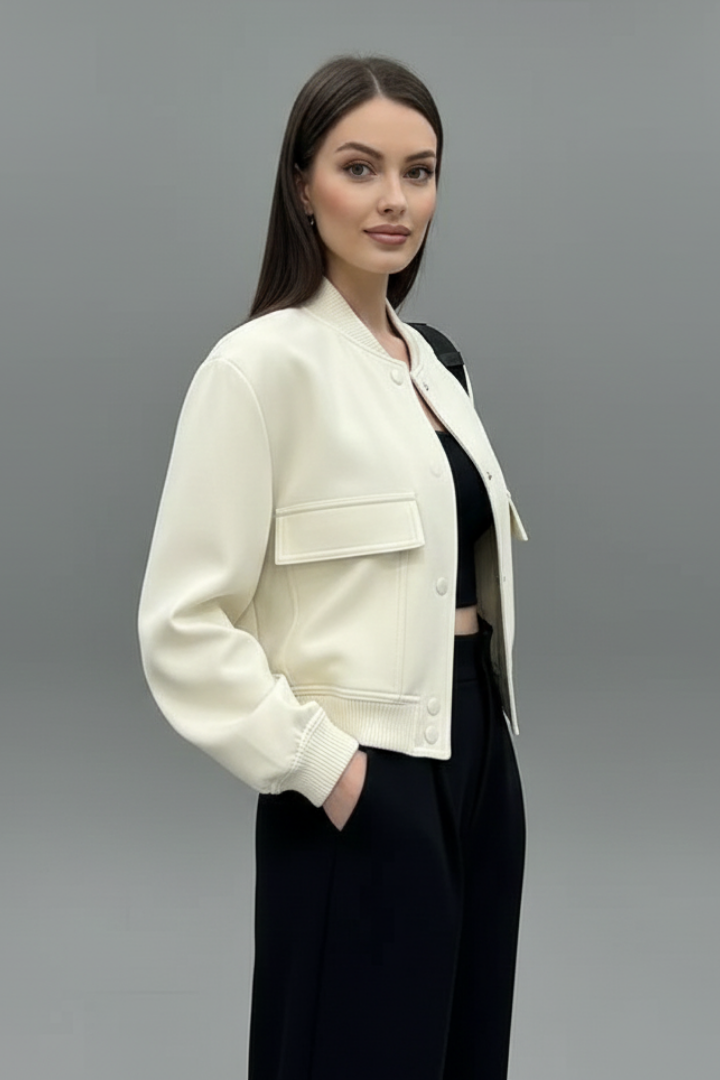 Women's Cropped Varsity Bomber Jacket with Flap Pockets