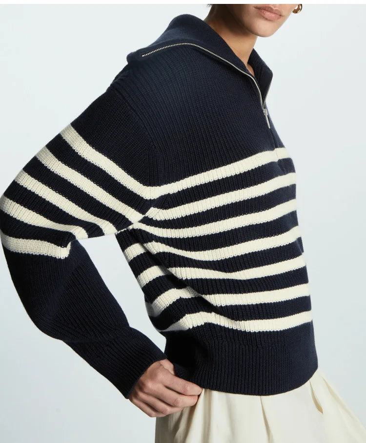 Women's Striped Half-Zip Collared Knit Sweater