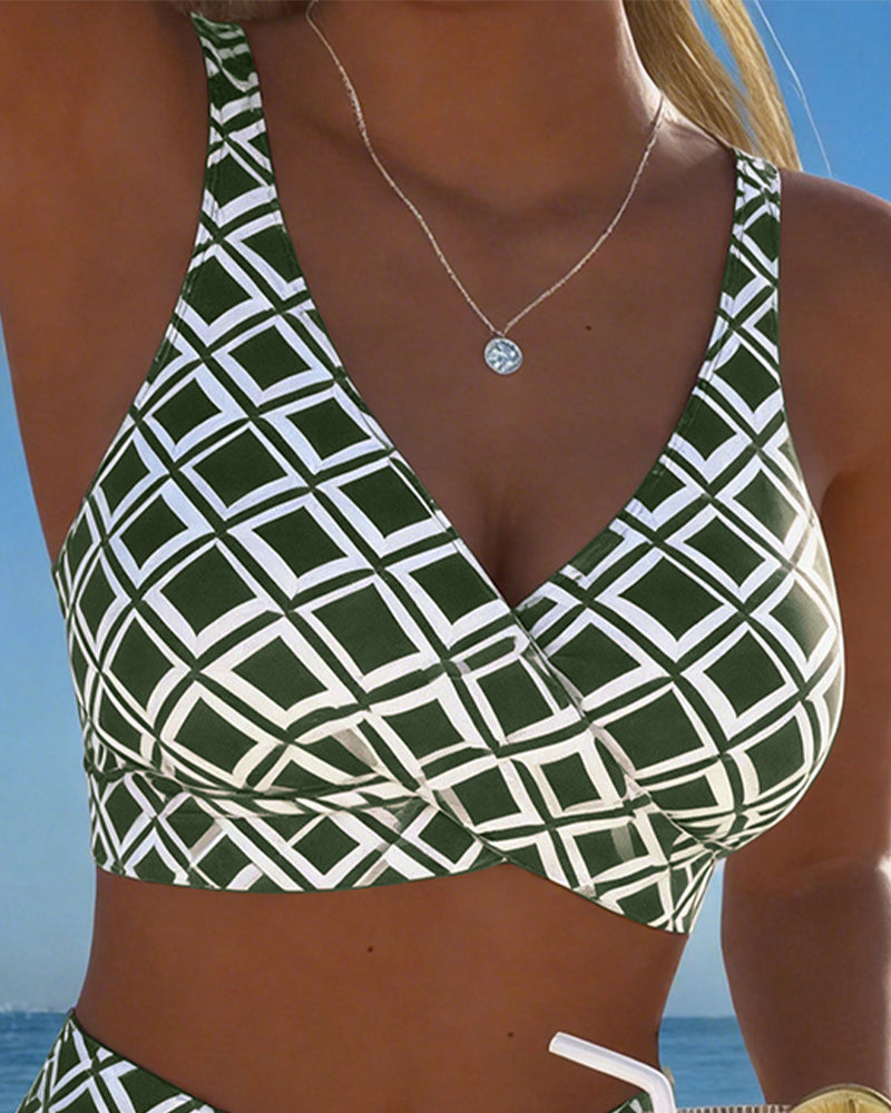 Ensemble bikini pour femme à imprimé géométrique, col en V et taille haute