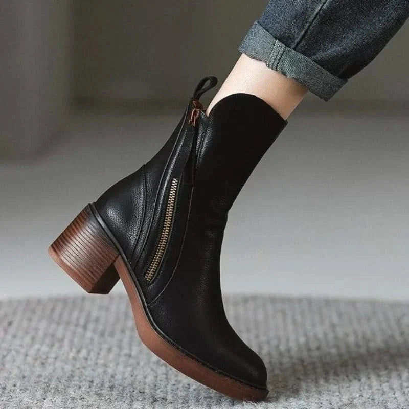 Women's Zip-Up Block Heel Ankle Boots with Tassel