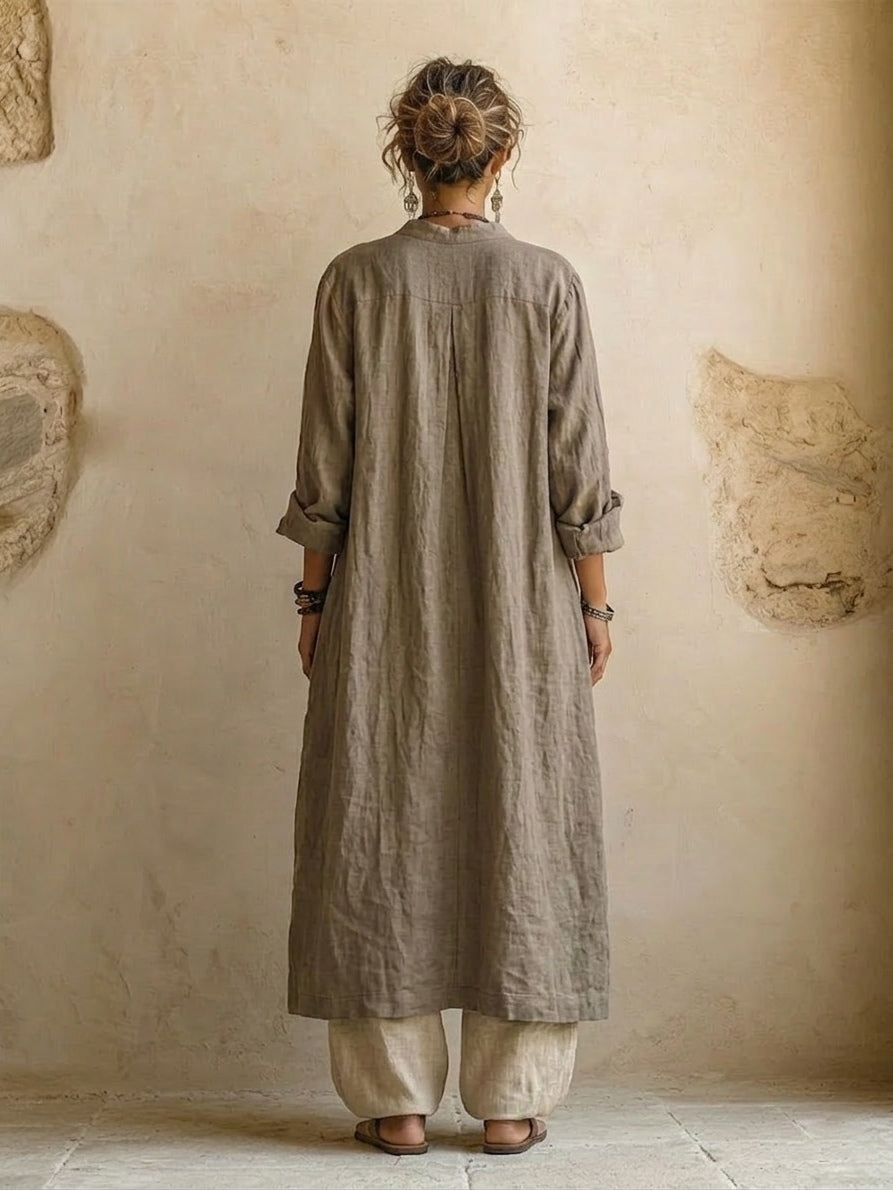 Long Line Button-Front Linen Duster Coat