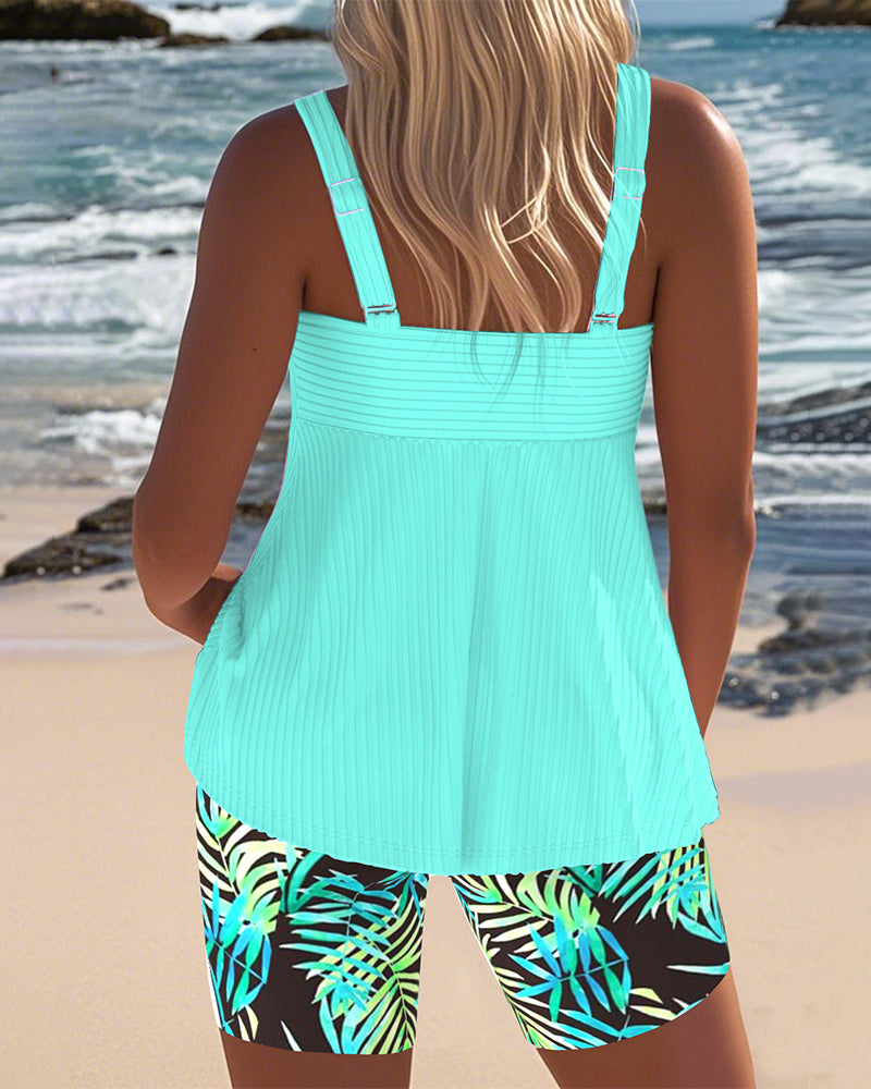 Ribbed Tankini Top with Palm Print Swim Shorts Set