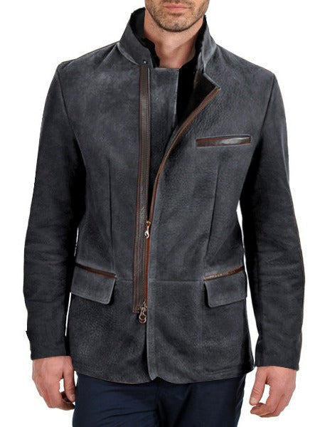 Men's Faux Leather Contrast Trim Blazer Jacket