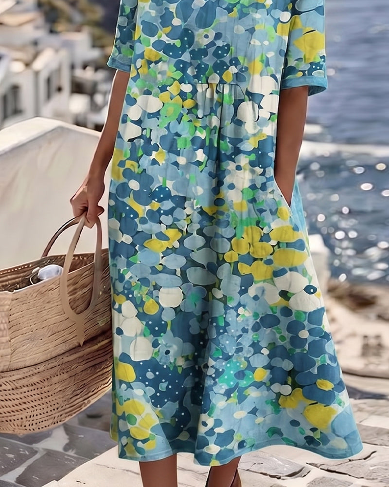 Abstract Floral Print Short Sleeve Midi Dress