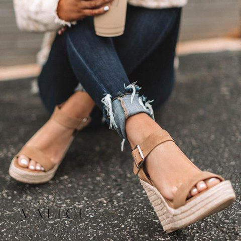 Espadrille Wedge Sandals with Ankle Strap Buckle
