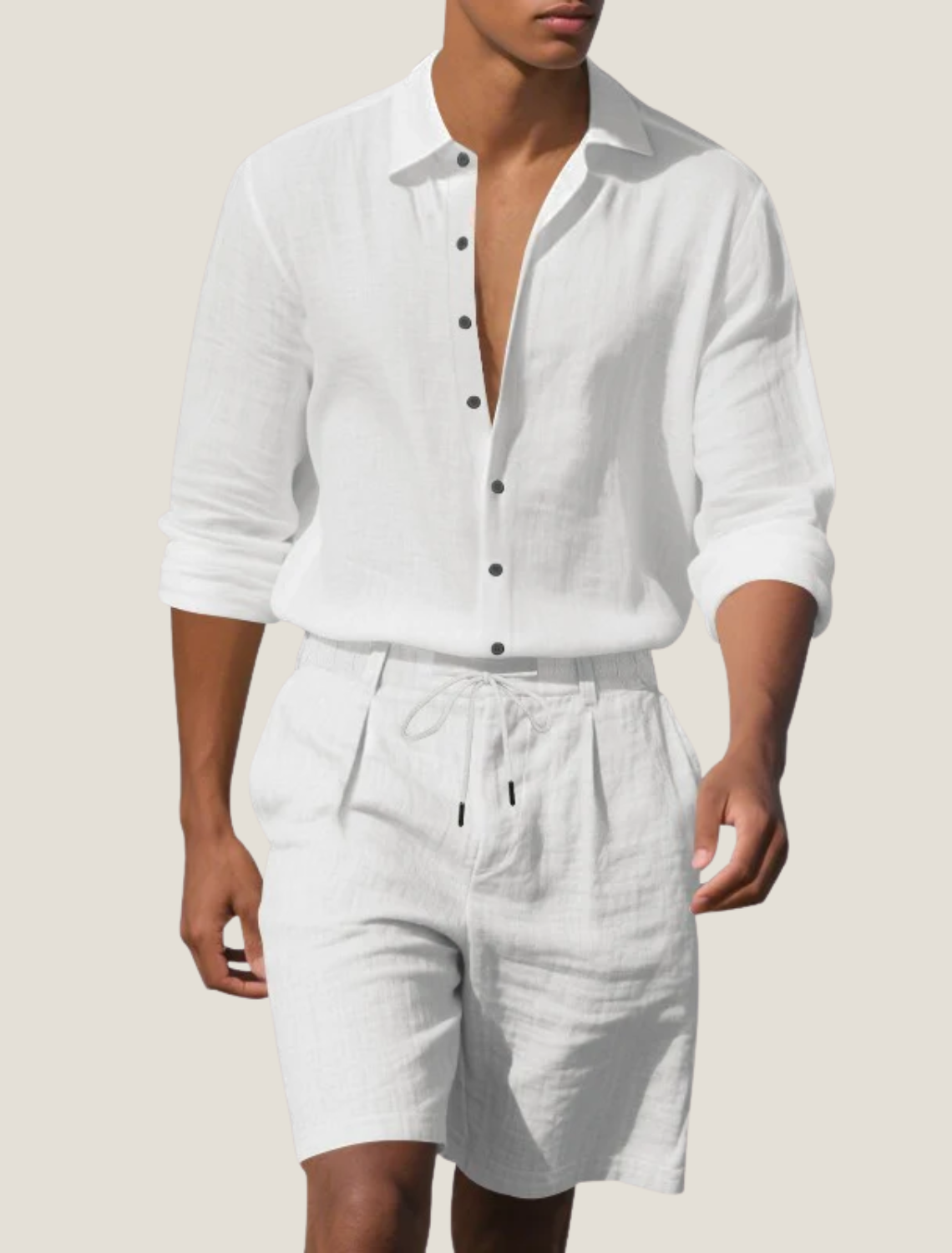 Linen Two Piece Set with Long Sleeve Shirt and Shorts