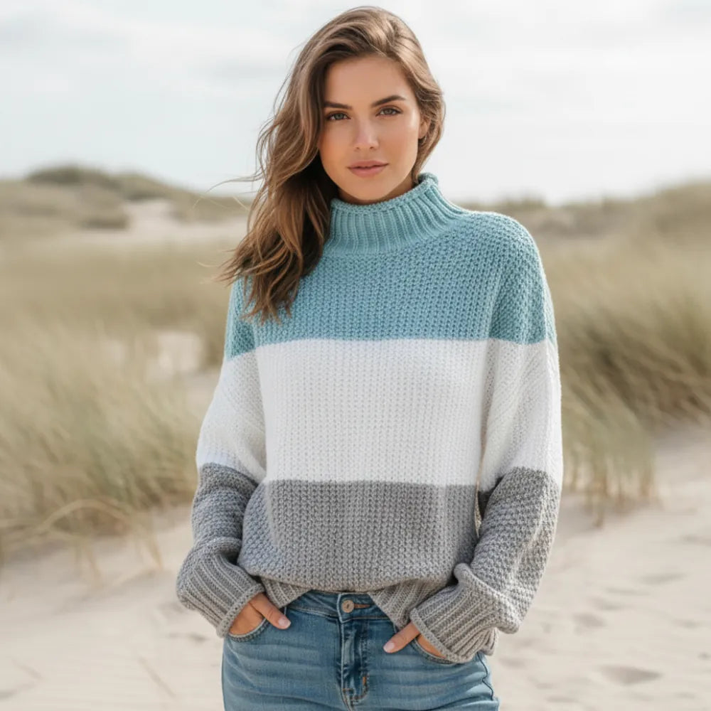 Women's Colour Block Textured Knit Mock Neck Jumper