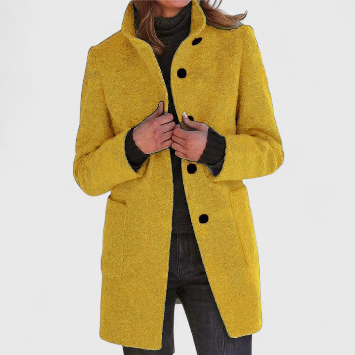 Women's textured stand collar coat with long sleeves, buttons and patch pockets