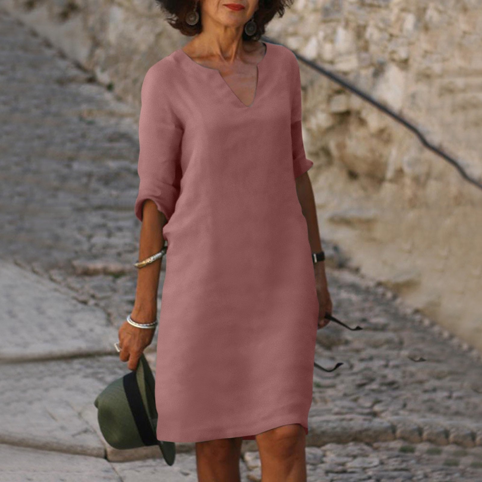 Notch V-Neck Linen Shift Dress with Roll-Up Sleeves