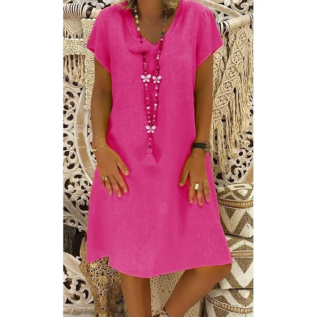 V-Neck Linen Shift Dress with Short Sleeves
