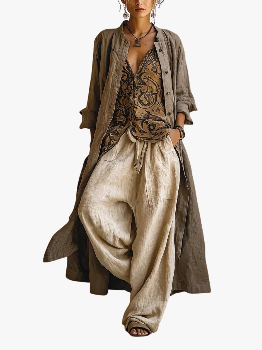 Long Line Button-Front Linen Duster Coat