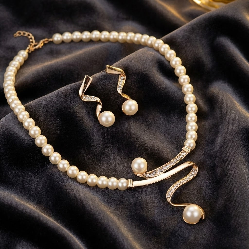 Pearl Beaded Sculptural Pendant Necklace &amp; Earring Set