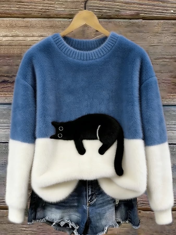 Women's Fluffy Cat Motif Colour Block Jumper
