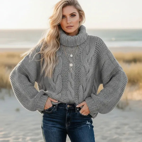 Women's Chunky Cable Knit Oversized Turtleneck Jumper