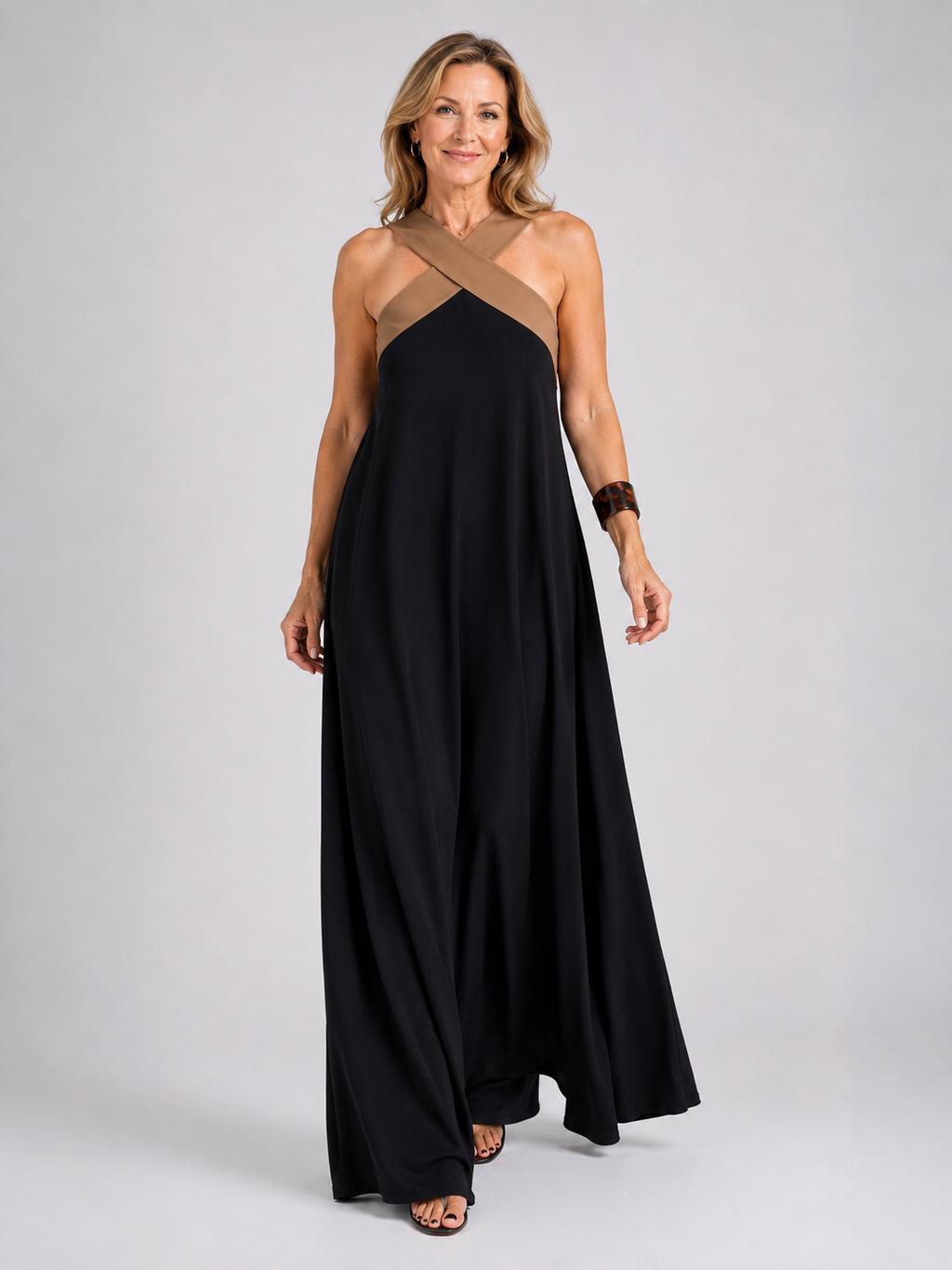 Colour Block Cross-Front Halter Maxi Dress
