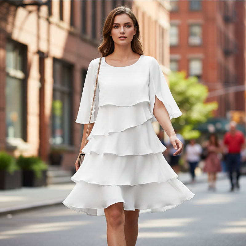 Robe évasée pour femme, ajustée, à col rond et volants superposés