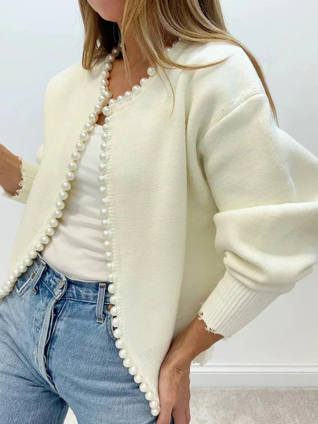 Gilet en maille ouvert sur le devant pour femme, orné de perles