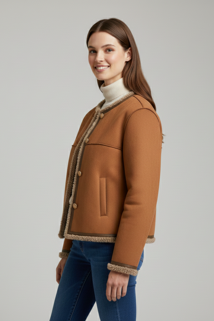 Veste-chemise pour femme en daim avec boutons et bordure en fausse peau lainée