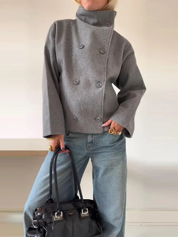 Women's Oversized Double-Breasted Coat with High Collar