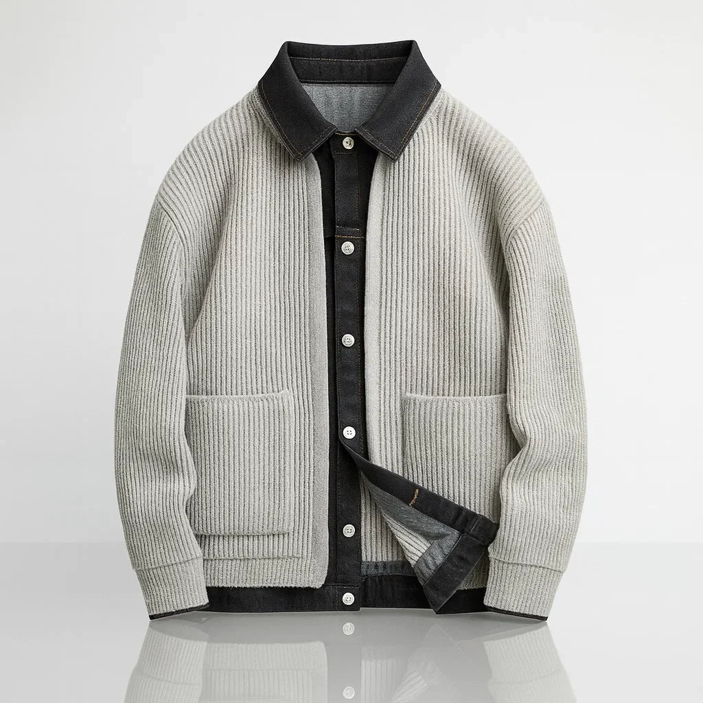 Men's Ribbed Knit Denim Contrast Collar Cardigan