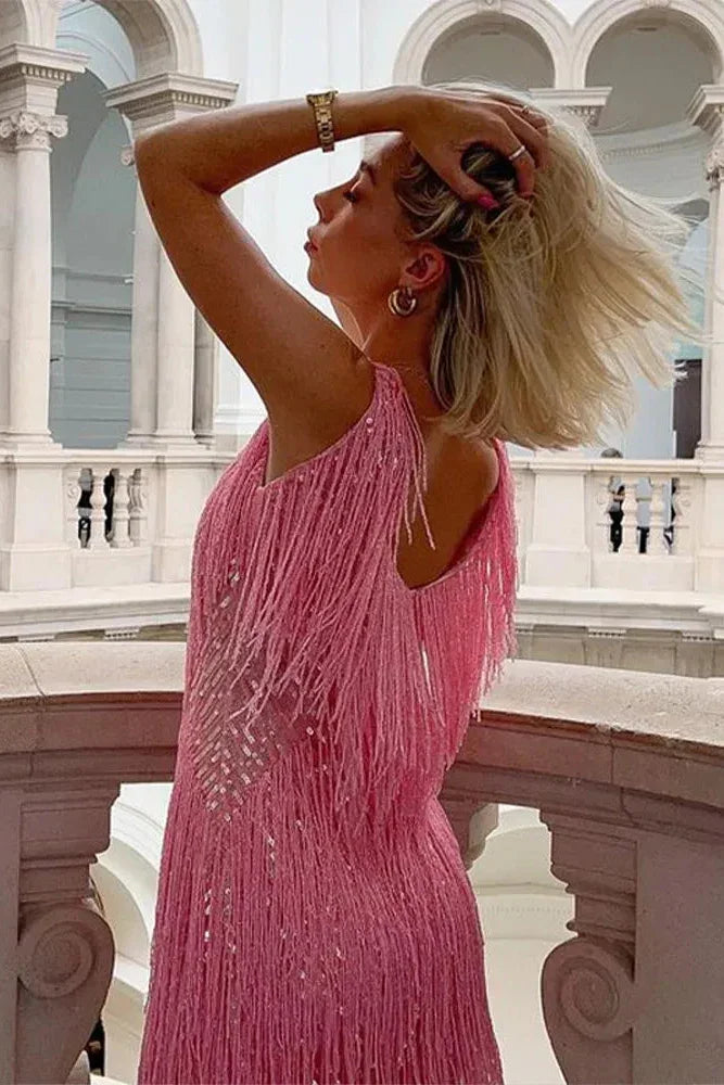 Sequin Tassel Fringe V-Neck Party Dress