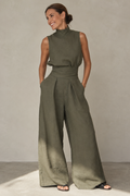 Linen High Neck Wide Leg Jumpsuit with Ombré Hem