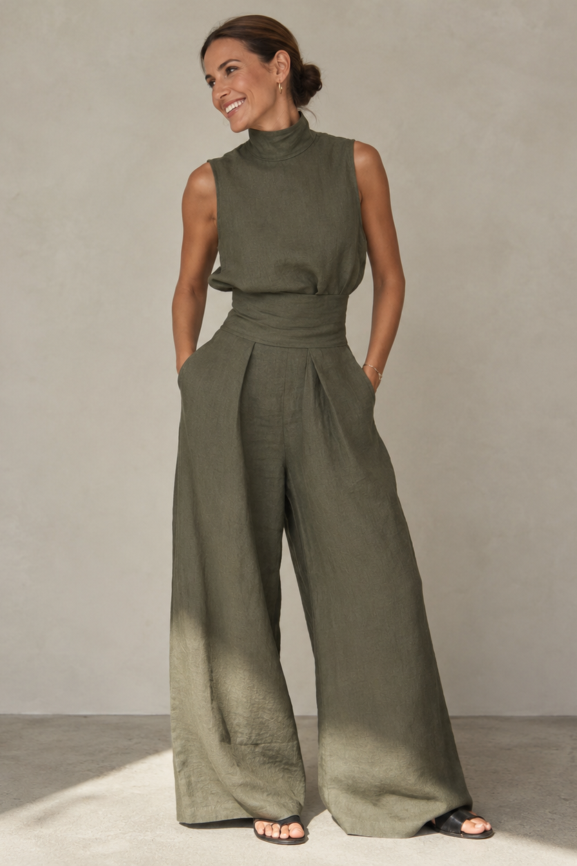 Linen High Neck Wide Leg Jumpsuit with Ombré Hem