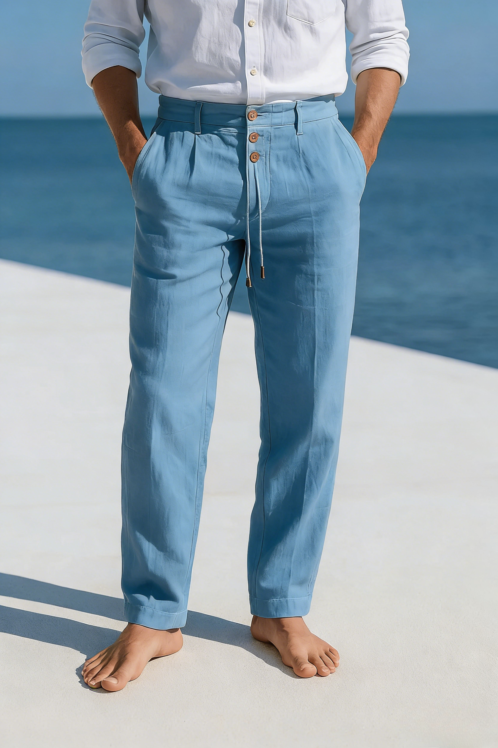 Tapered Fit Linen Trousers with Button Drawstring Waist