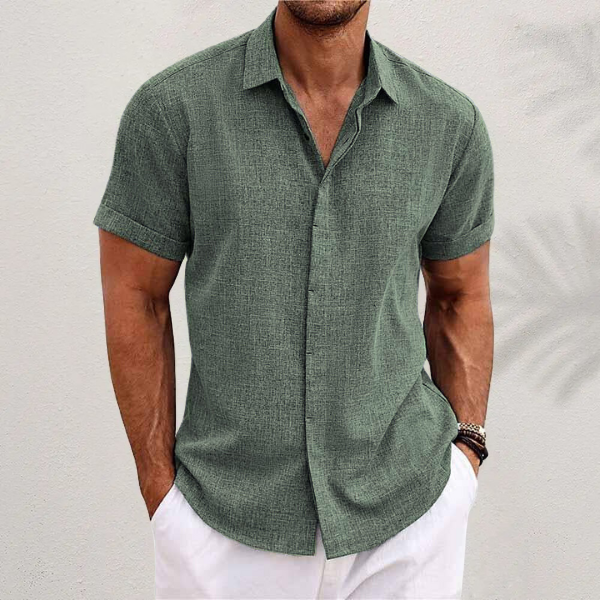 Linen Blend Short Sleeve Shirt with Point Collar