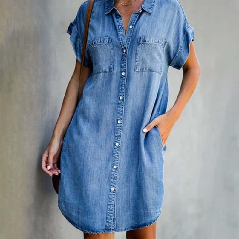 Dual Pocket Button-Front Denim Shirt Dress