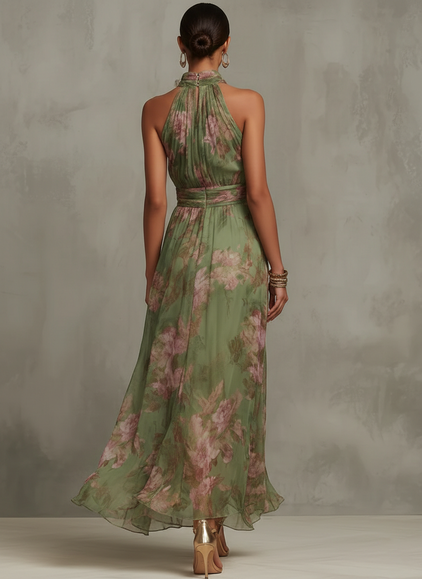 Floral Print Halter Neck Maxi Dress