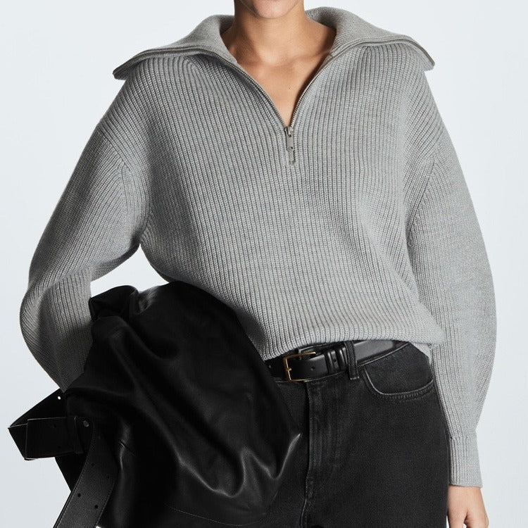 Women's Striped Half-Zip Ribbed Collar Knit Sweater