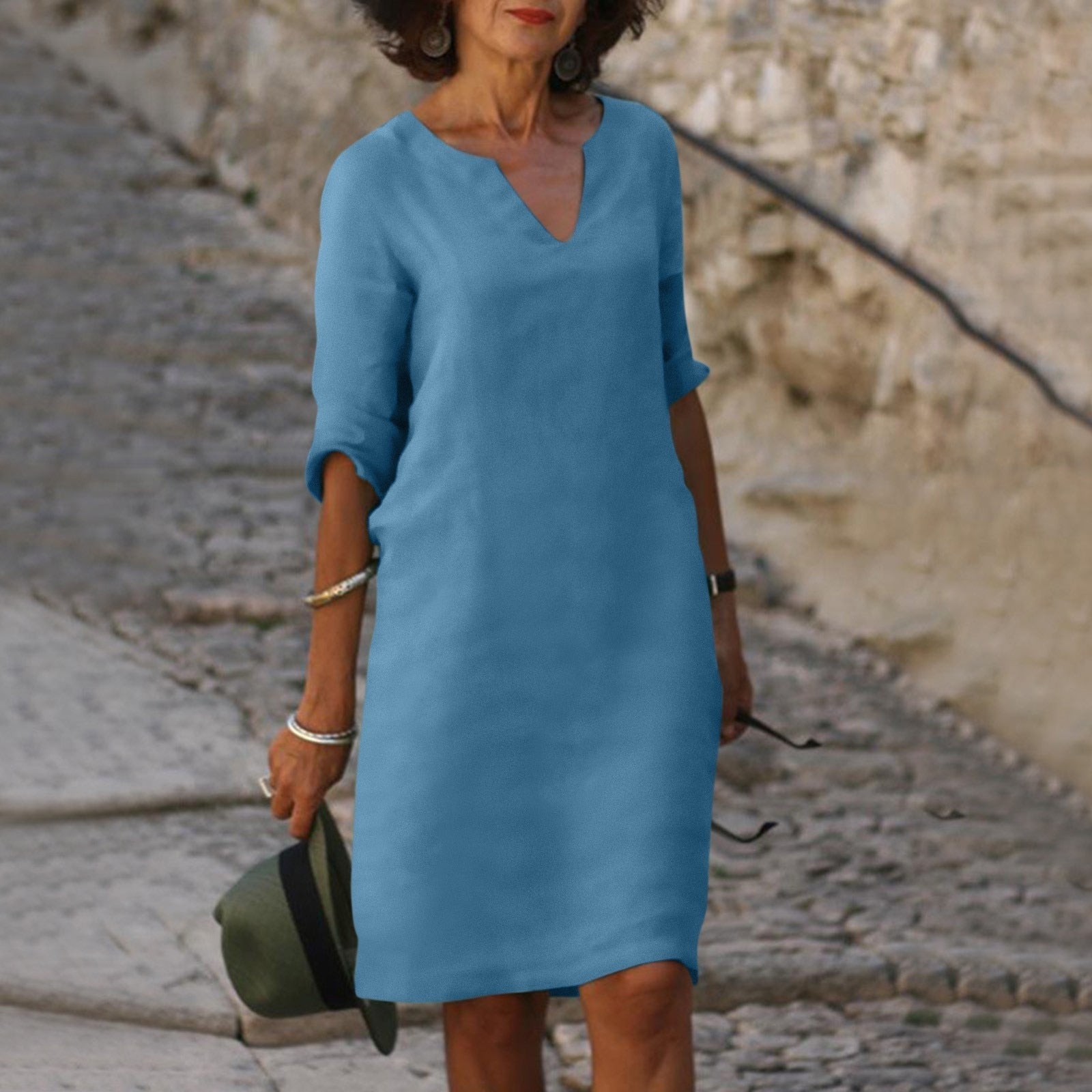 Notch V-Neck Linen Shift Dress with Roll-Up Sleeves