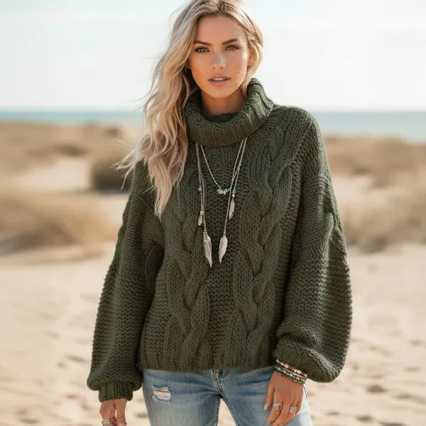Women's Chunky Cable Knit Oversized Turtleneck Jumper