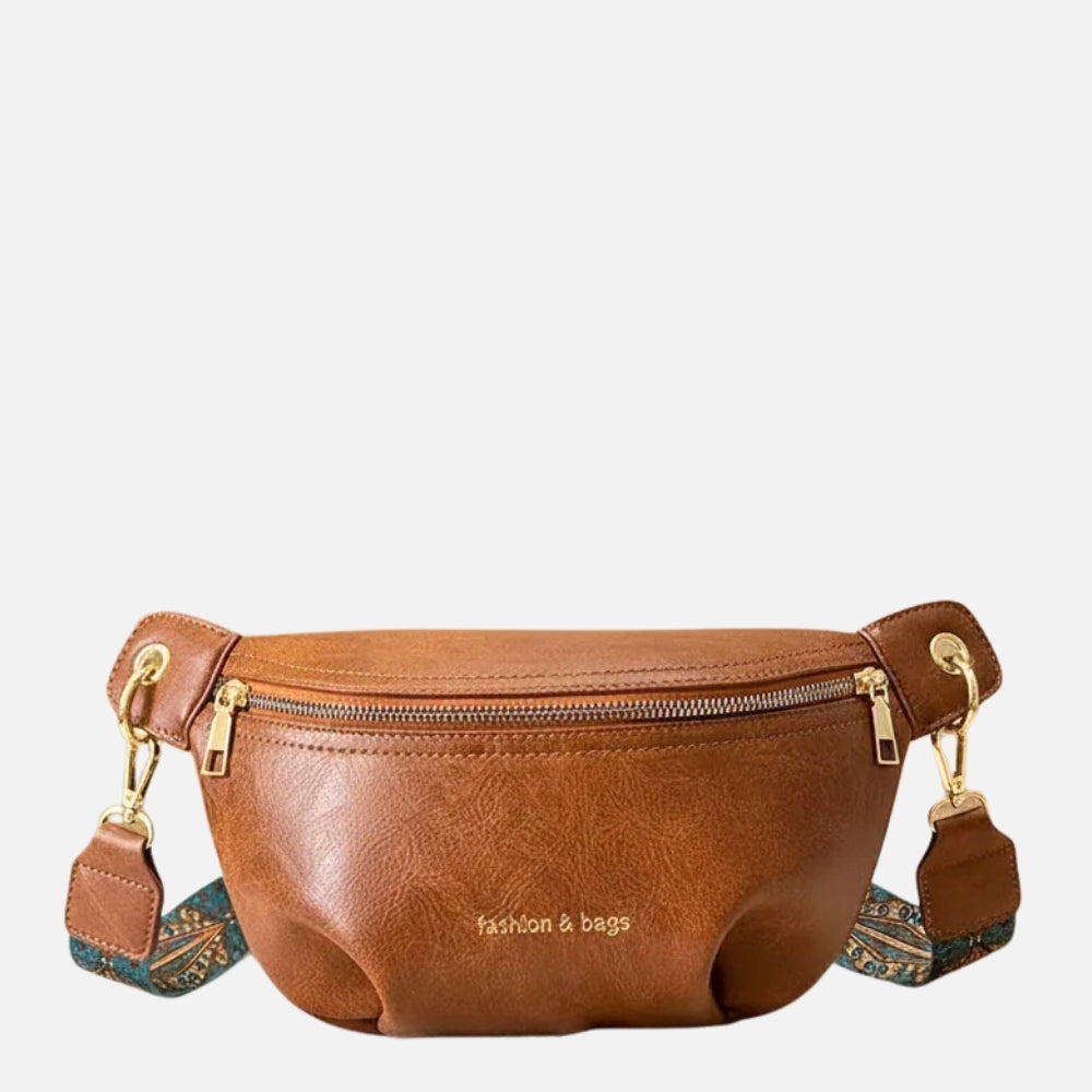 Women's Leather Crossbody Belt Bag with Embroidered Strap