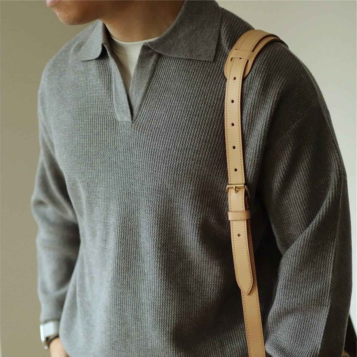 Men's Waffle Knit Open Collar Long Sleeve Polo