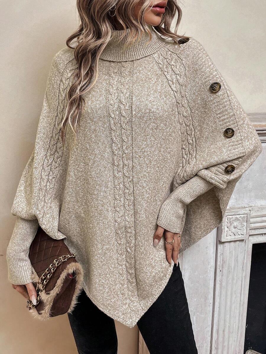 Women's Cable Knit Turtleneck Poncho Sweater