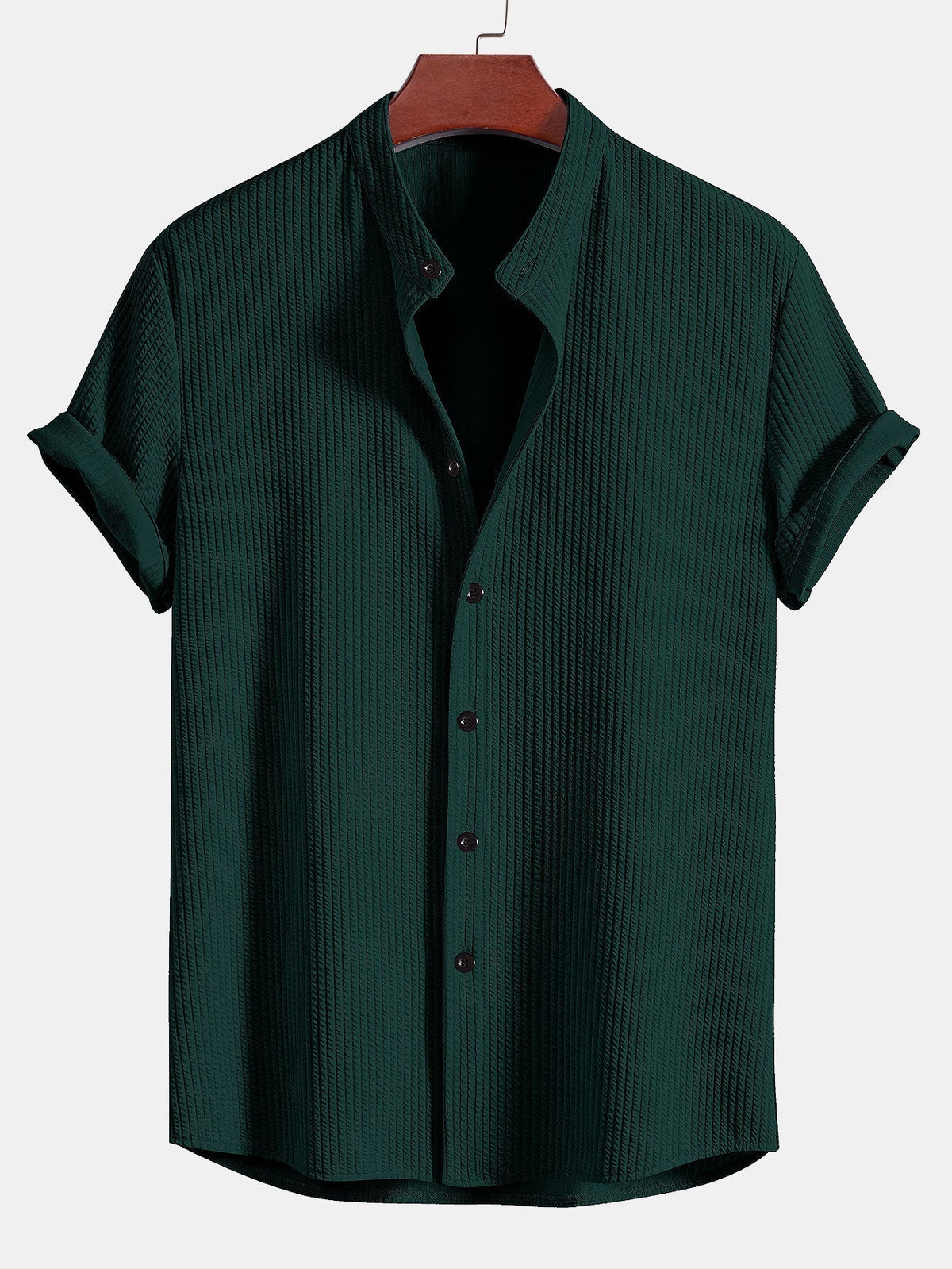 Men's Textured Knit Short Sleeve Band Collar Shirt