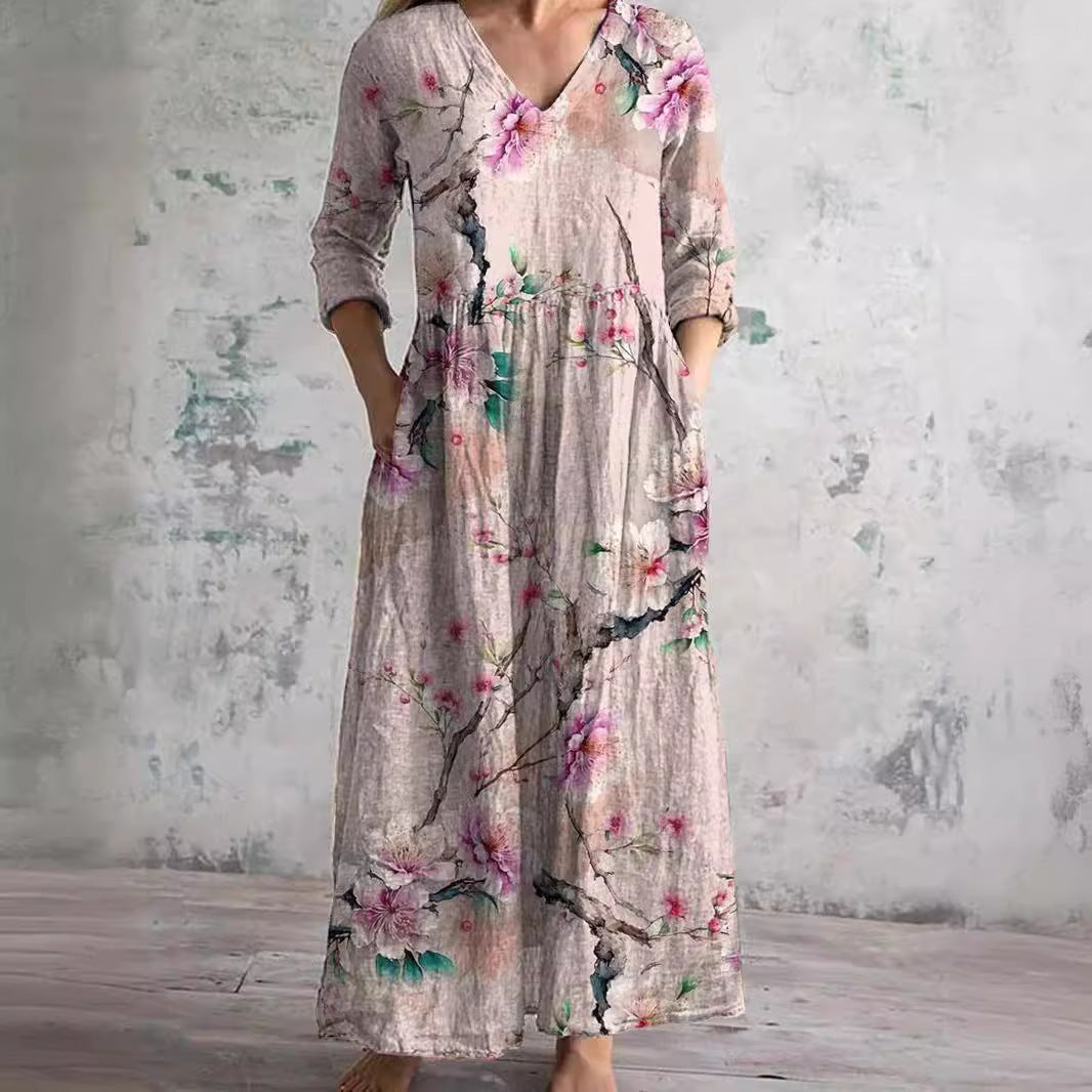 Robe longue à col en V avec imprimé floral botanique et poches